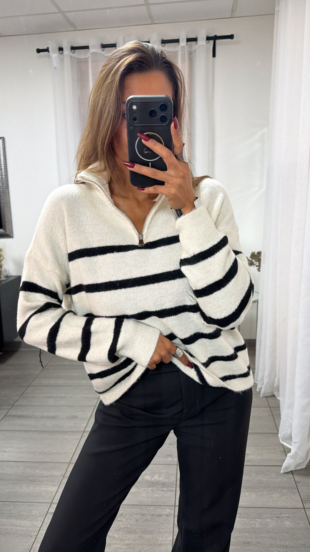 Strick STREIFEN Zipper Pullover / wollweiss - schwarz Art. 16491
