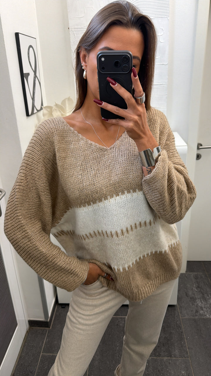 Wollfreier Blockstreifen Pullover / beige  - weiß - creme Art.16563