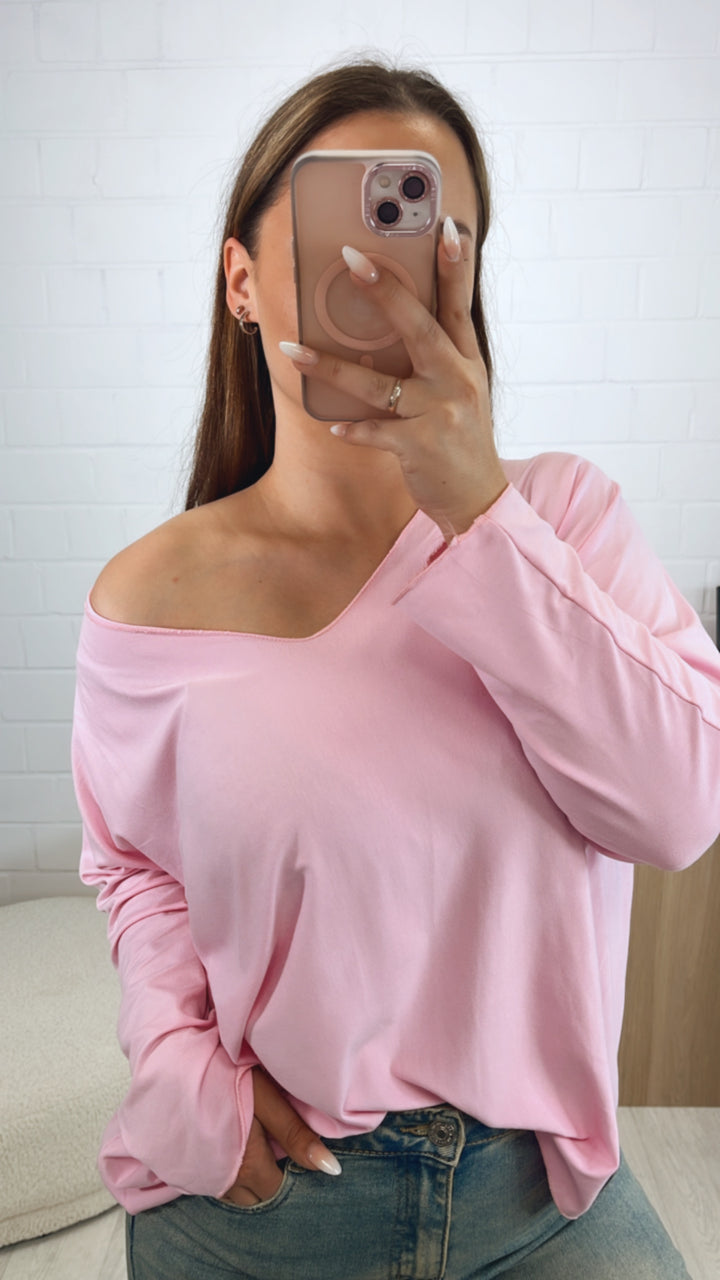 Lockeres Langarm Oberteil mit V-Ausschnitt / soft pink Art. 9792