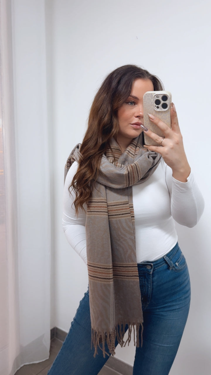 Statement Schal – Mix aus Streifen & Animal / grau - taupe - orange Art. 14359