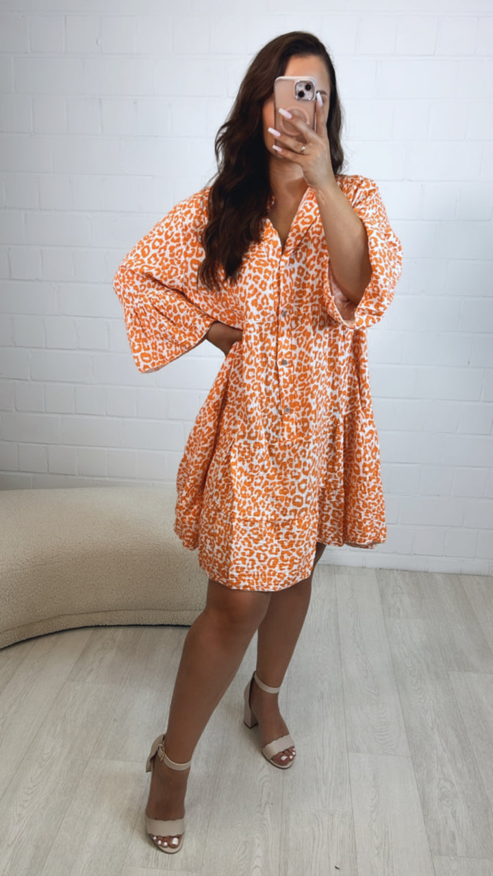 Musselin Kleid / Tunika im Leo Muster / weiss - orange Art. 10622