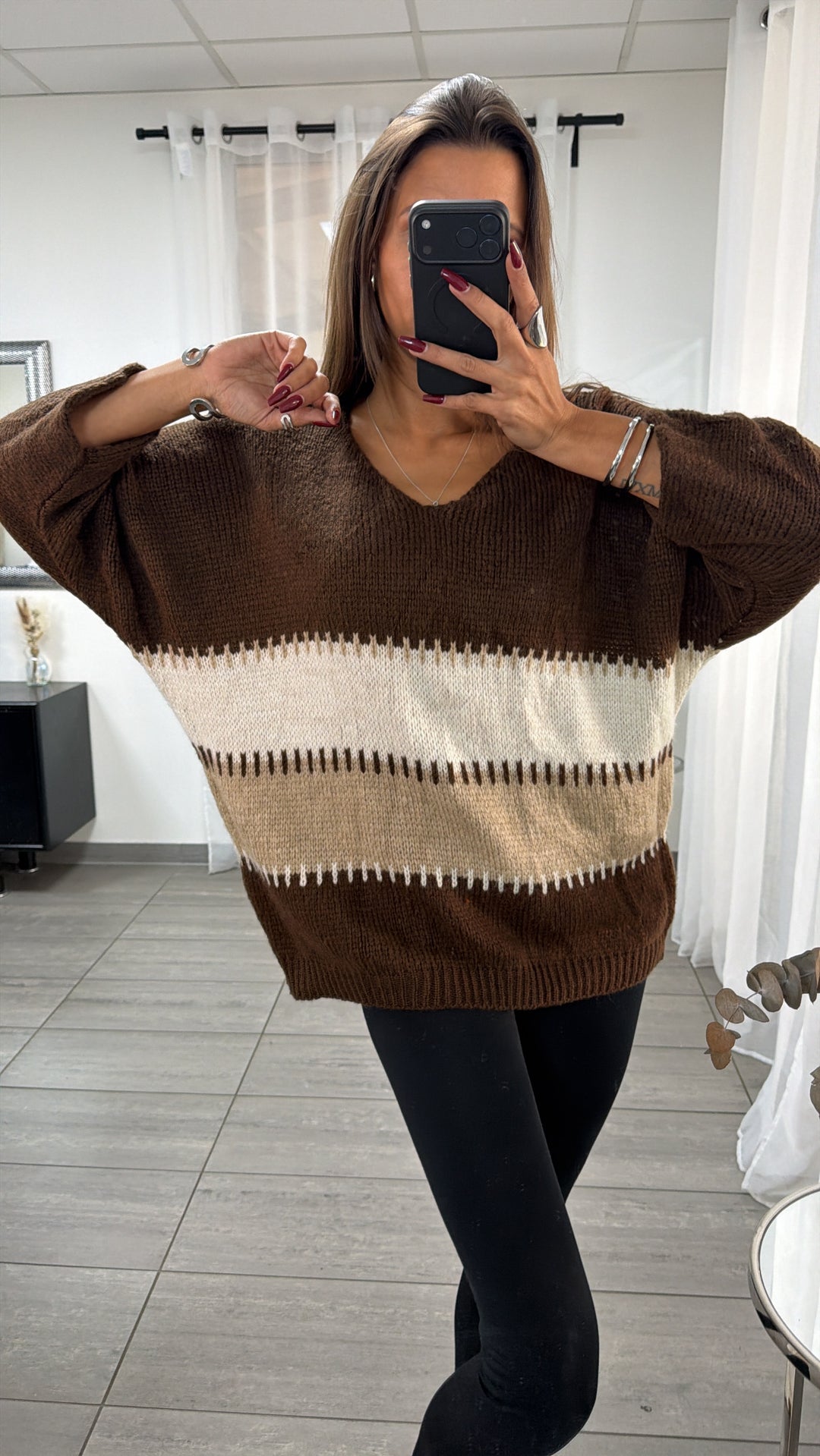wollfreier BLOCKSTREIFEN oversize Strick Pullover, V-Ausschnitt / braun - beige - weiss Art. 16650