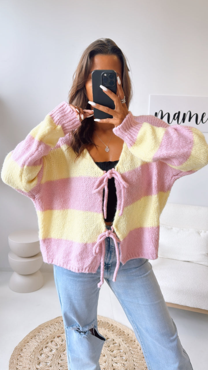 STREIFEN Strick Cardigan zum schnüren / soft gelb - rosa Art. 10821