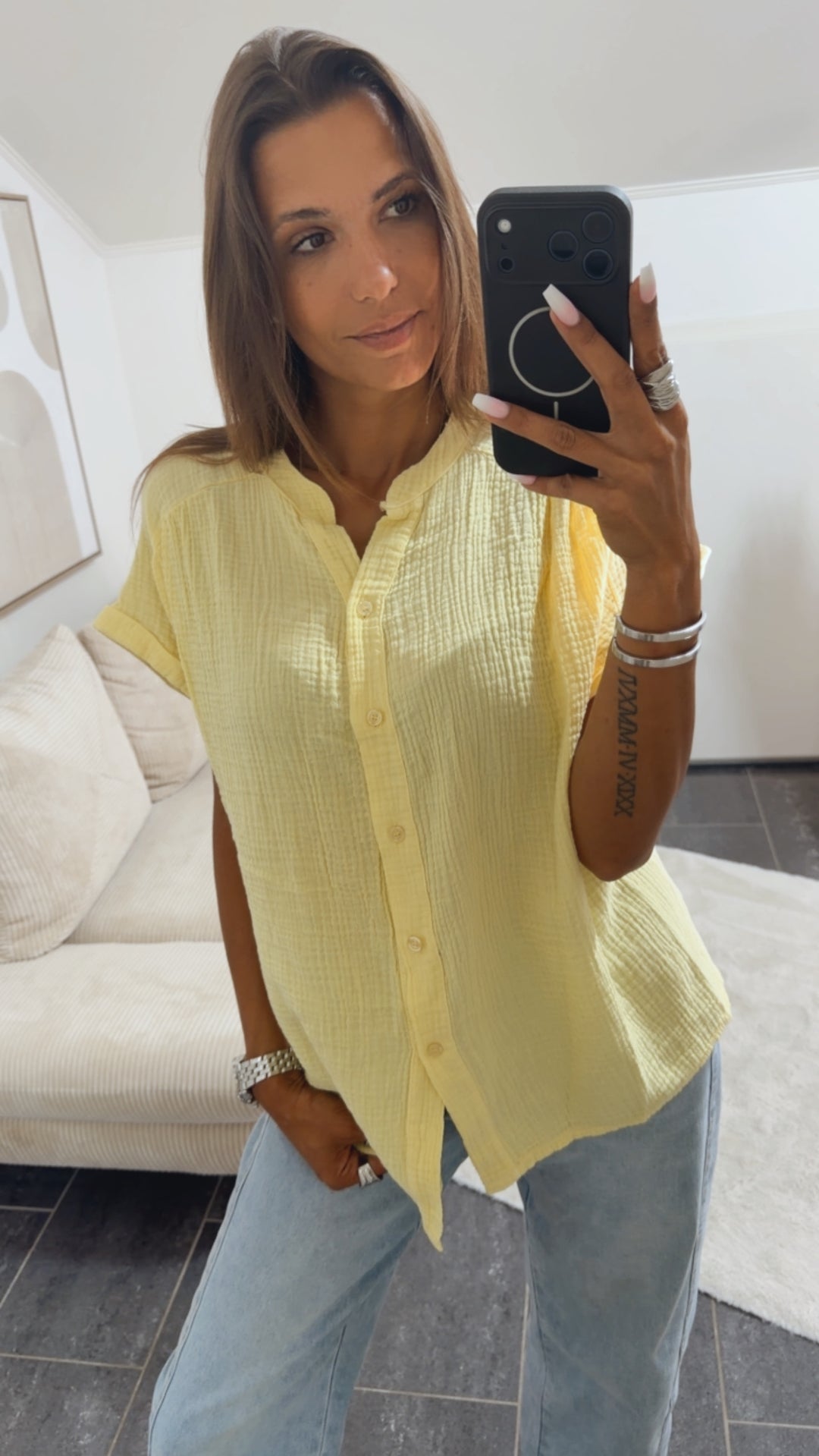 Musselin Shirt mit Knopfleiste, OHNE Kragen / soft gelb Art. 15383