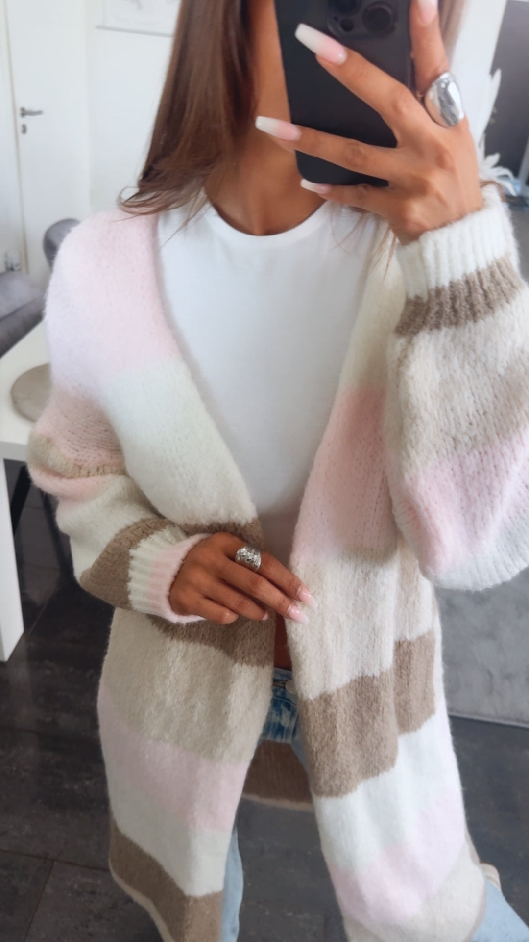 STREIFEN langer offener Cardigan / woll weiß - rosa - creme - taupe Art. 14490