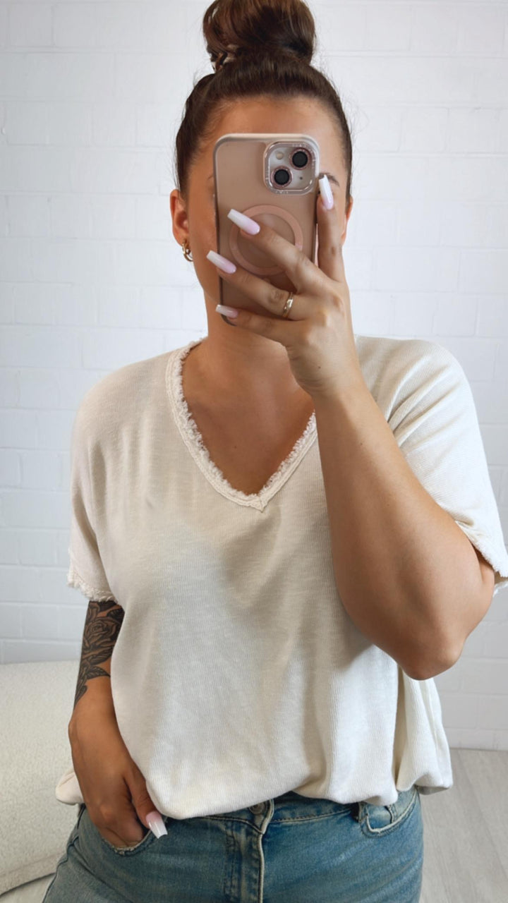 lockeres T-Shirt in Ripp-Optik, used-Elemente / creme Art. 10462