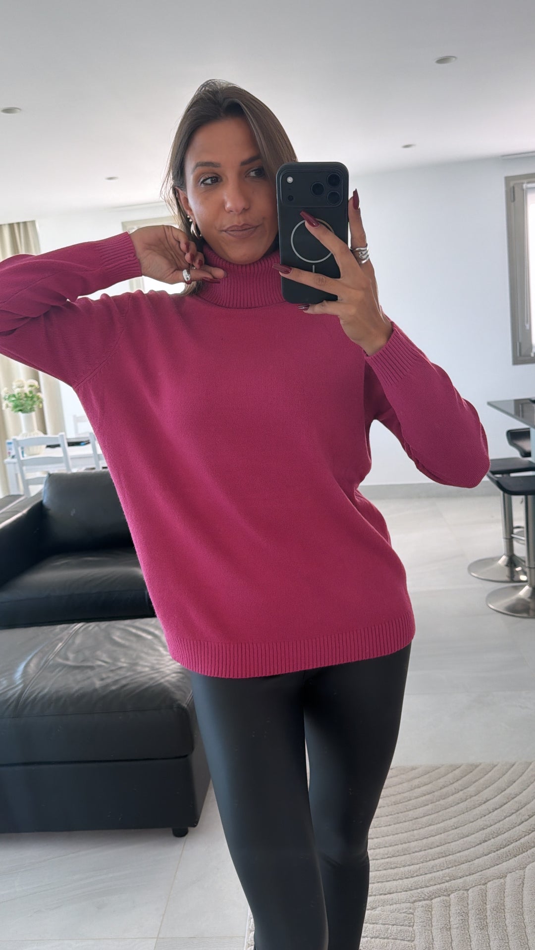 Locker fallender Rollkragen Pullover  / Beere-pink