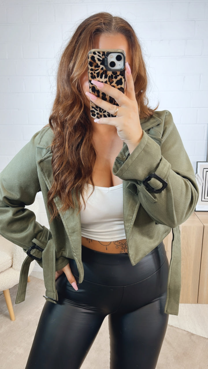 VELOURS kurze Trenchcoat Jacke / khaki Art. 12603