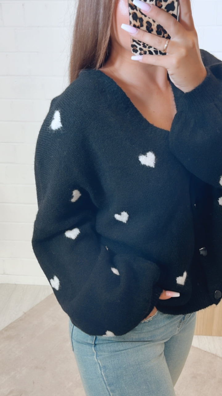 HERZKNÖPFE Cardigan mit Herzen / schwarz  - weiss Art. 11201