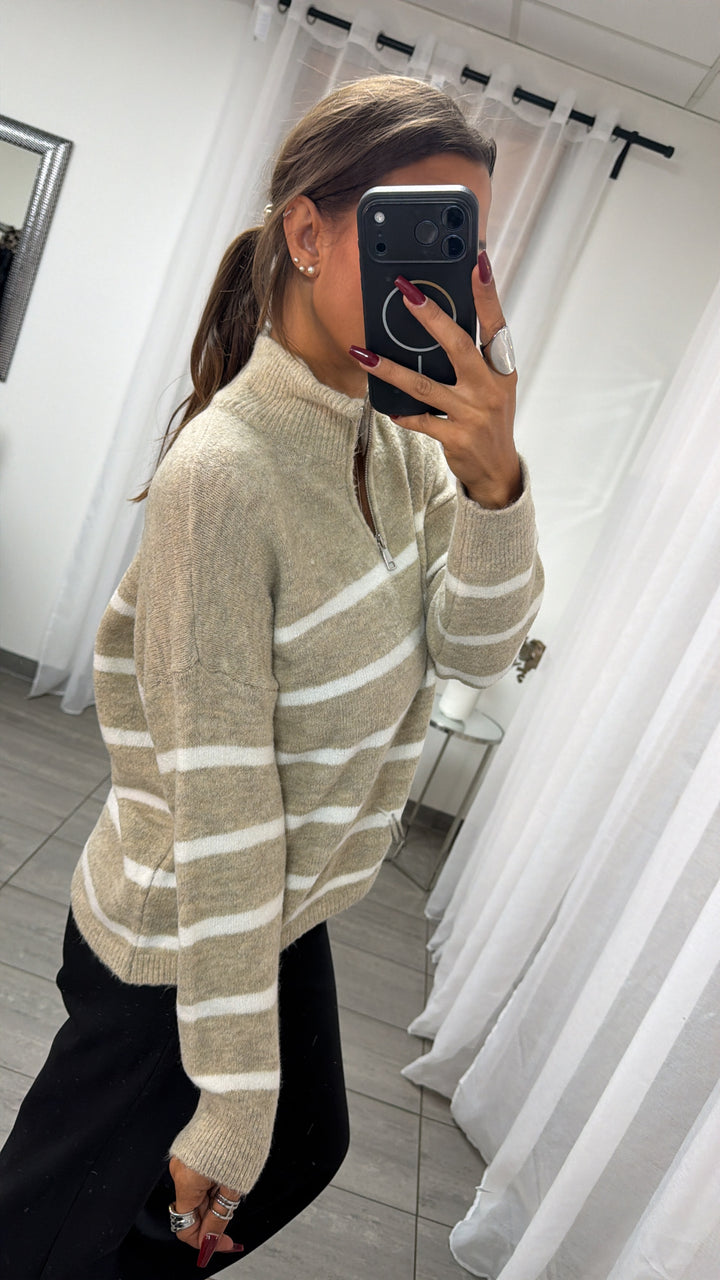 Strick STREIFEN Zipper Pullover / beige - weiss Art. 16492