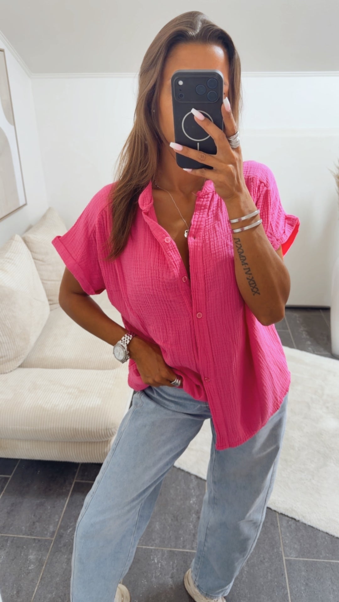Musselin Shirt mit Knopfleiste, OHNE Kragen / pink Art. 15382