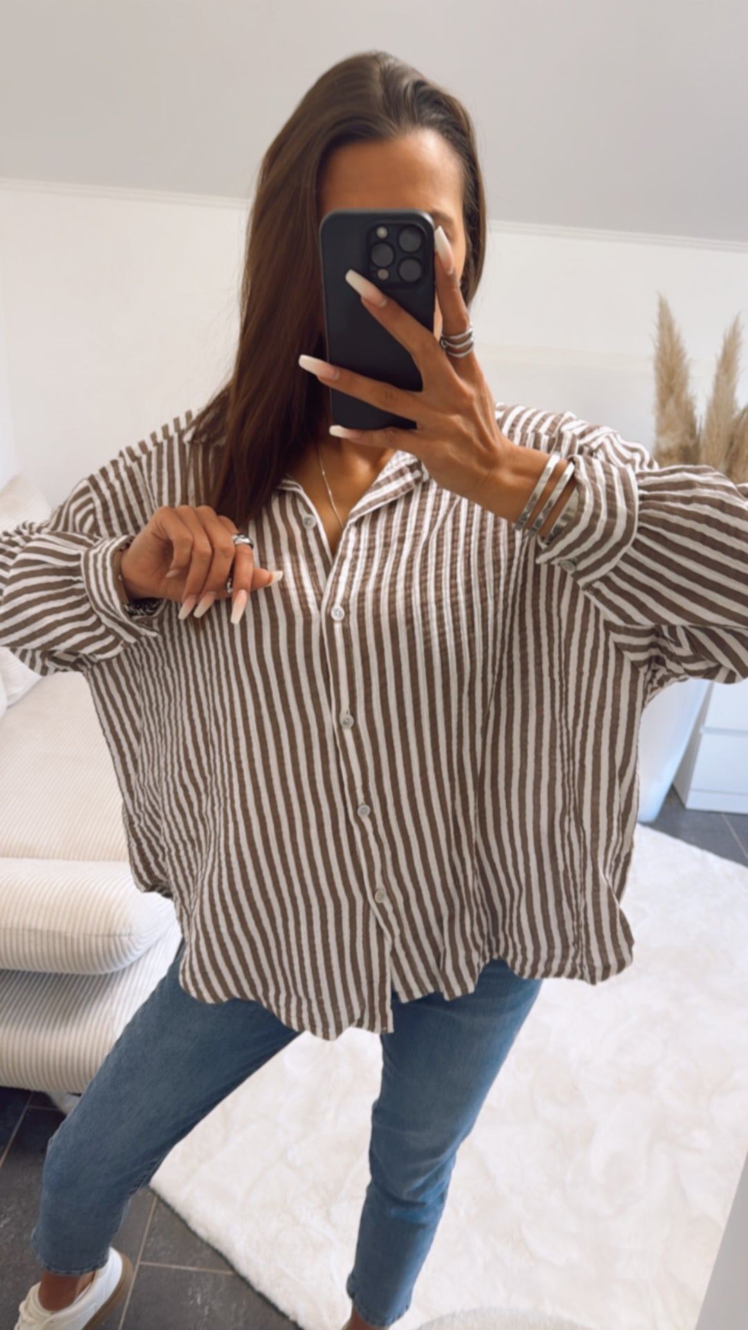 KURZE Oversize Musselin Bluse mit Streifen / braun - beige Art. 9327