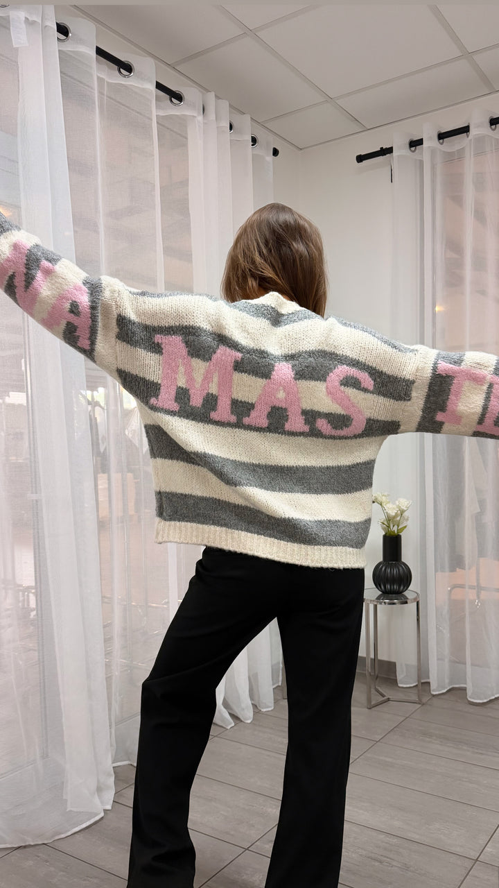 STREIFEN Strick Pullover mit Statement Rückseite / creme - grau - rosa Art. 16497