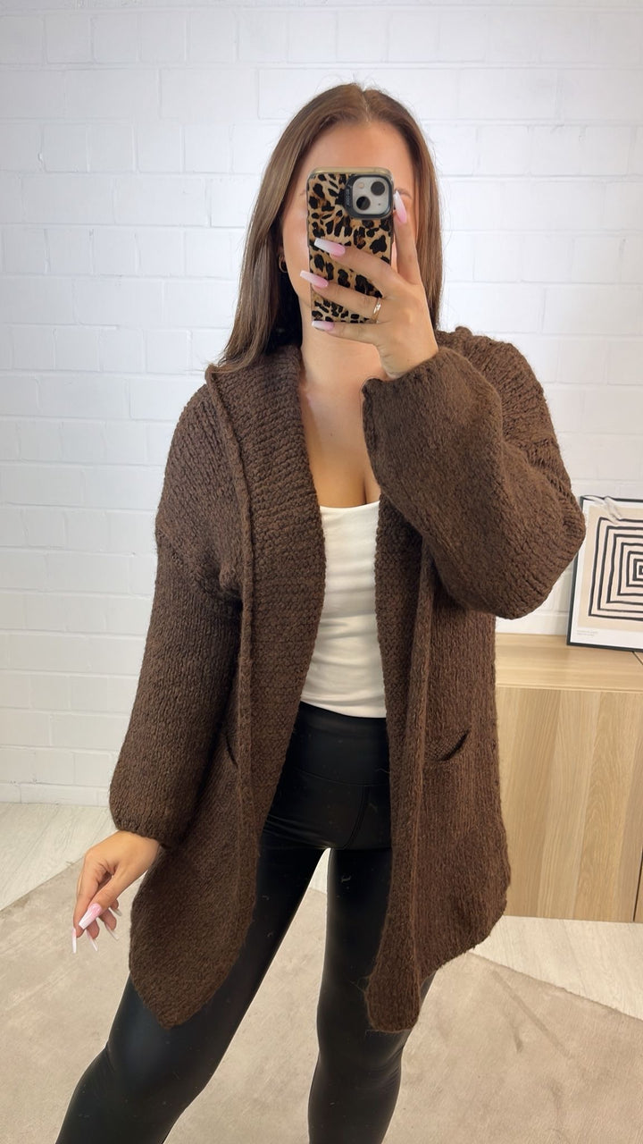 weicher Cardigan mit Kapuze, Taschen / braun Art. 122332