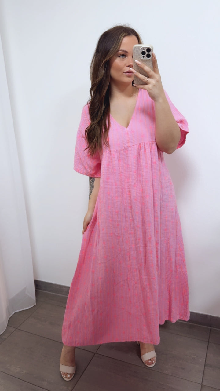 SCHLEIFEN - STREIFEN langes Musselin Kleid, kurze Ärmel / rosa - Neon pink - orange Art. 14691