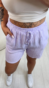 STREIFEN kurze, lockere Musselin Shorts / weiss - flieder Art. 10483