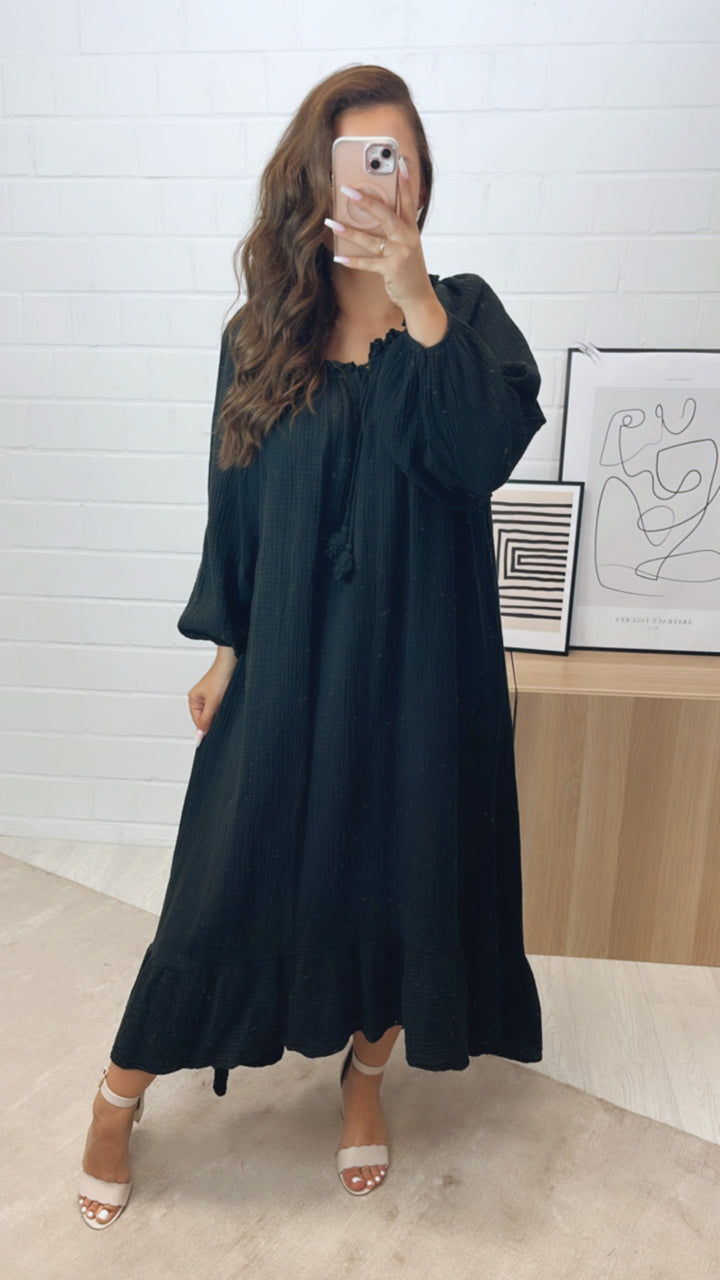 (Maxi-) Vokuhila Musselin Kleid / schwarz Art. 10616