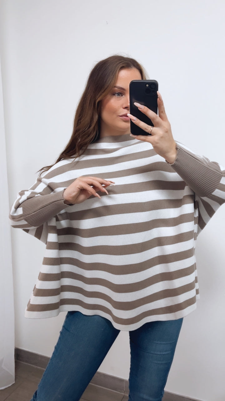 STREIFEN ultra weicher Pullover mit Fledermausärmeln / taupe - creme Art. 14763