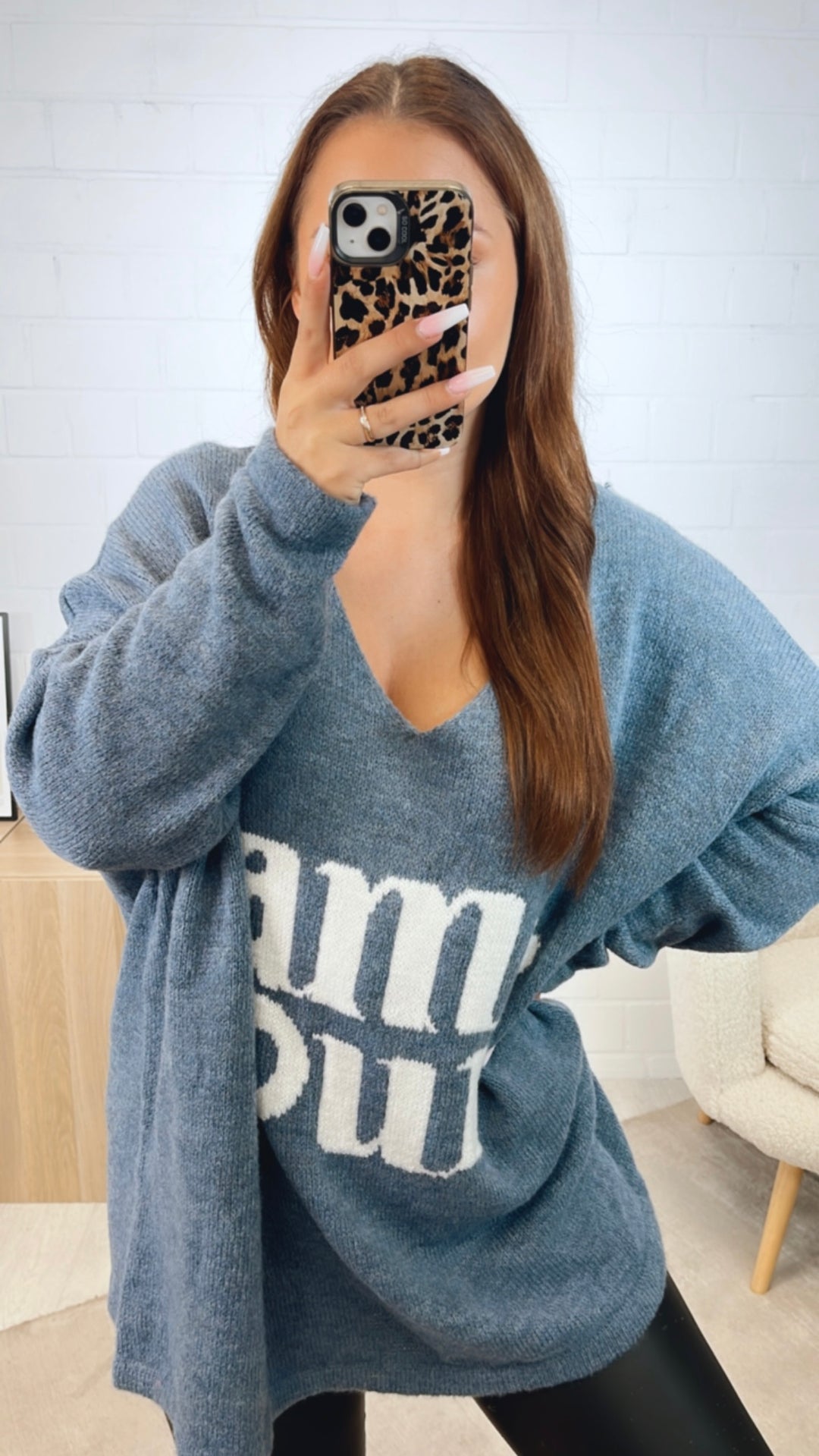 weiter Strick Pullover " Amour " / Denim blau - weiss Art. 12424