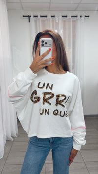 Sweater mit Animal Statement / weiss - neon pink - leo Art. 15542