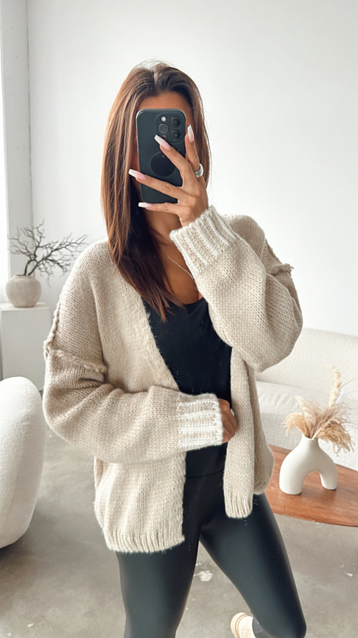 offener Strick Cardigan mit weißen Akzenten / beige Art. 7945