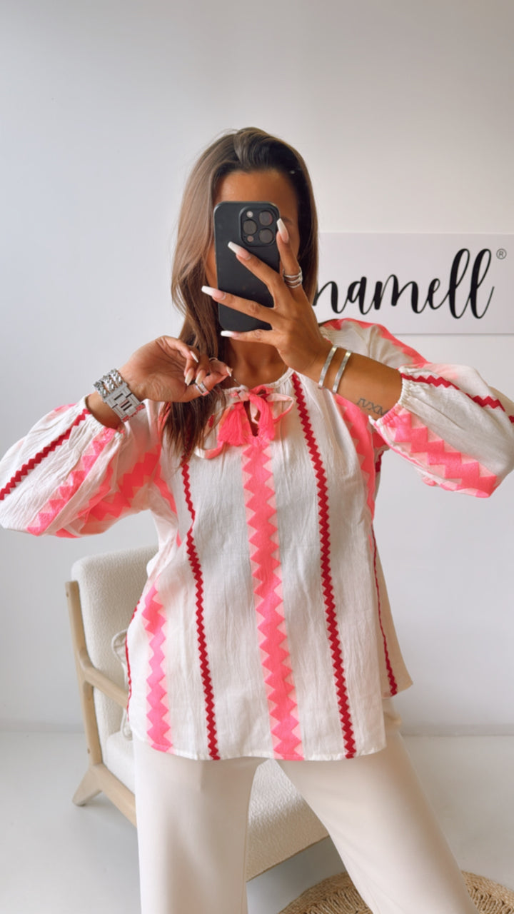 Bluse mit Muster, Bömmel / creme - magenta - neon pink Art. 10386