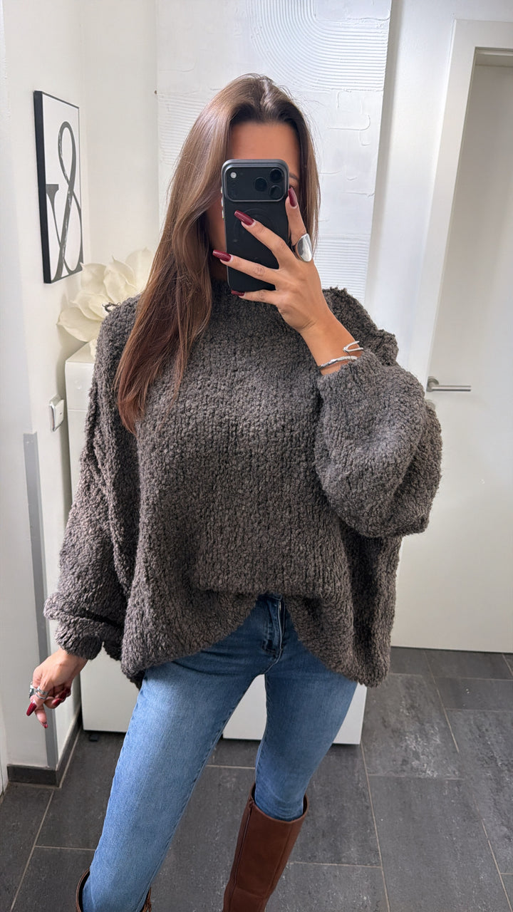 Boucle Oversize Kuschel - Pullover / dunkles taupe meliert Art. 16534