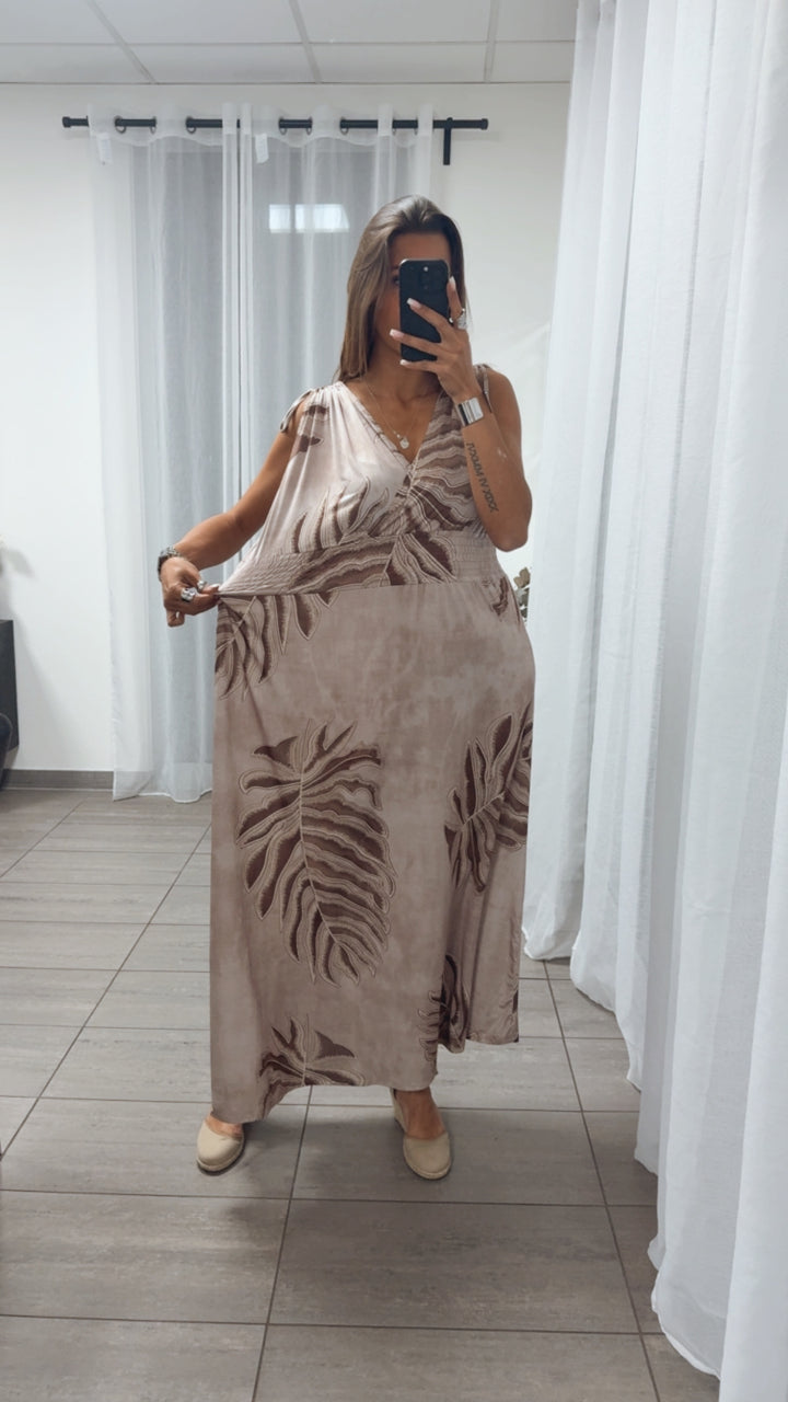 MAXI Kleid PALMEN braun mit breiten Trägern und geraffter Taille / Art. 14895