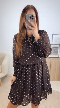 PUNKTE Kleid mit Gummibund im Taillenbereich / dunkel braun - weiß Art. 12956