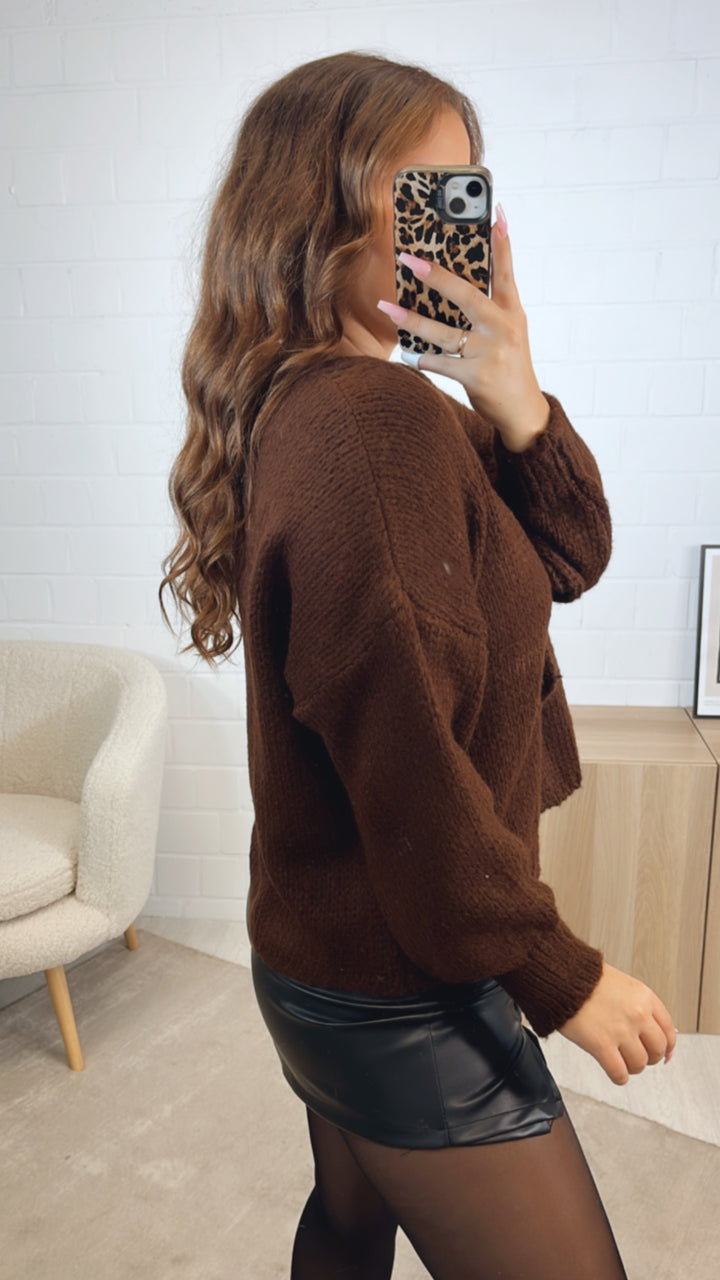 schlichter Strick Cardigan mit einer Schleife / Schoko braun Art. 12614