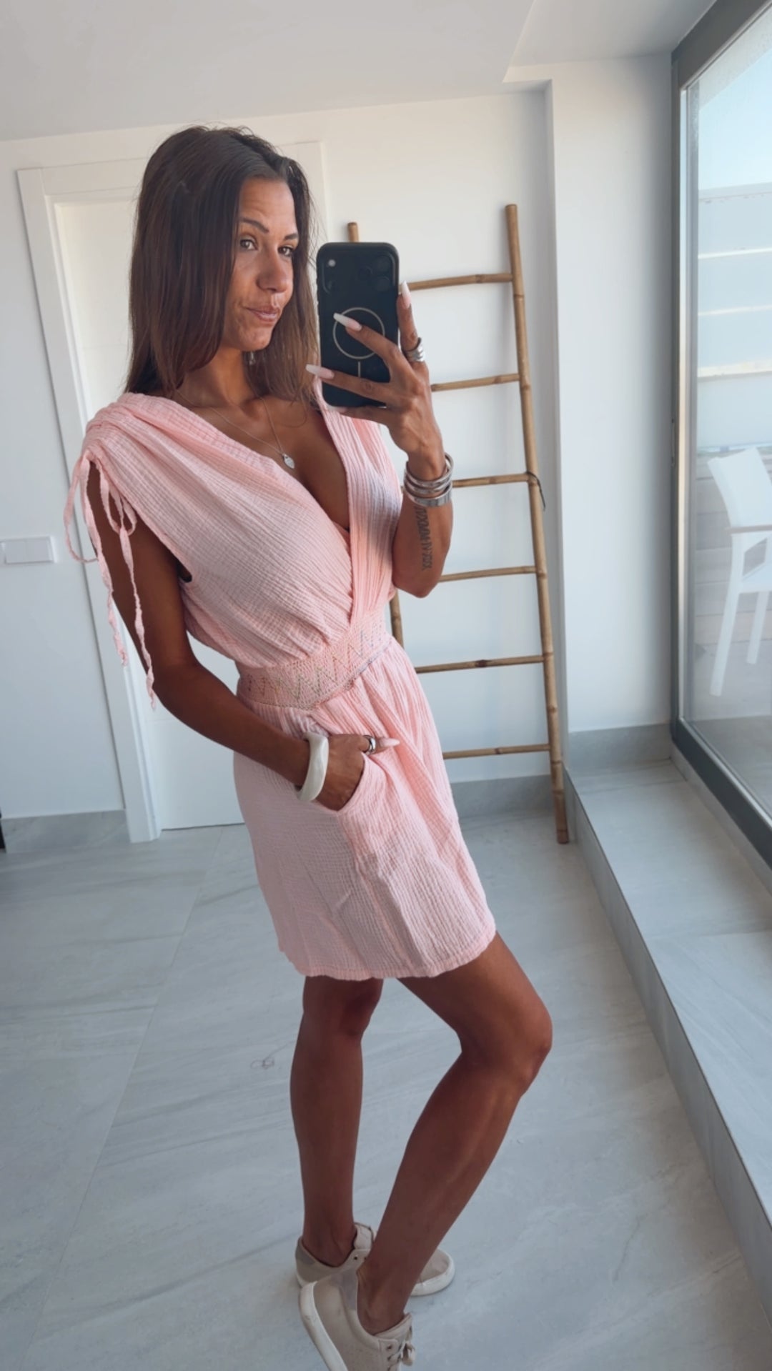 Musselin Jumpsuit mit elastischem Taillenbereich / rosa-nude Art. 15195