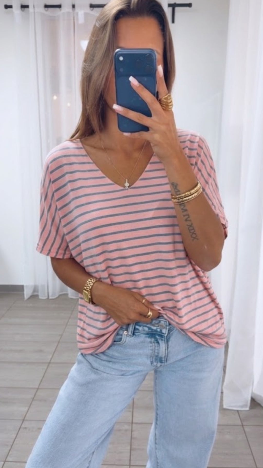 STREIFEN T-Shirt Oberteil mit V-Ausschnitt / rosa - denim blau Art.15637