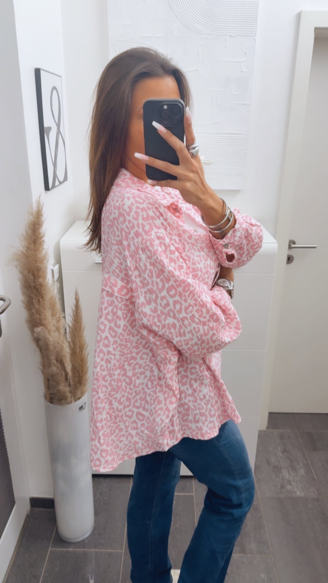 LEO KURZE Oversize Musselin Bluse / weiss - rosa Art. 13762