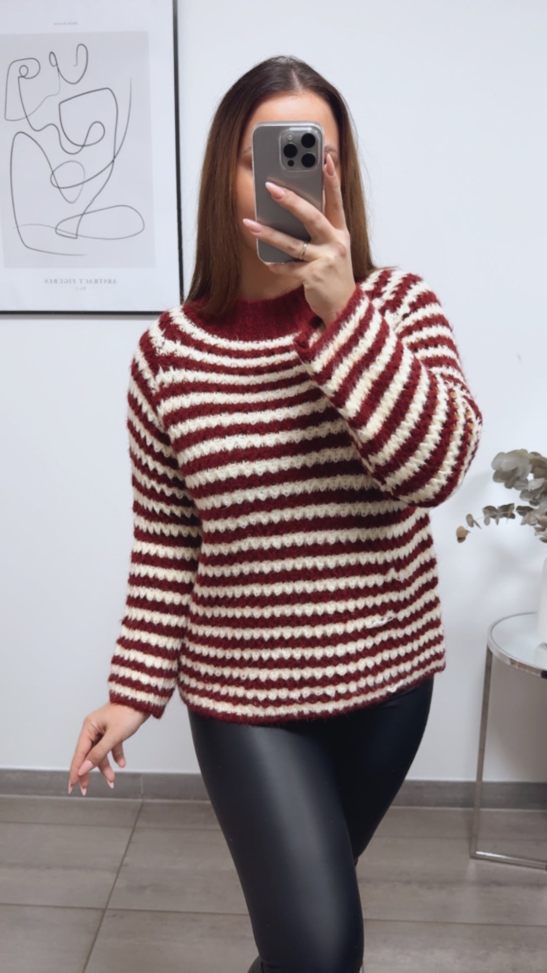 ausgefallener Strick Pullover mit Streifen / bordeaux rot - soft gelb Art. 13300