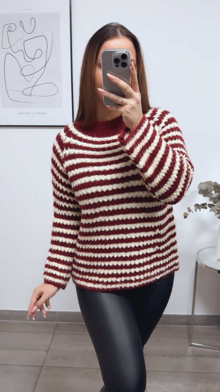 ausgefallener Strick Pullover mit Streifen / bordeaux rot - soft gelb Art. 13300