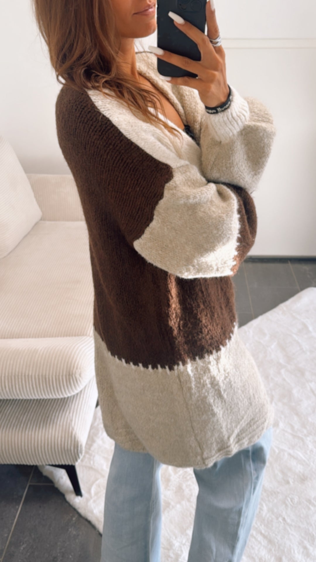mittellanger, mehrfarbiger Strick Cardigan / braun - creme - beige Art. 10778