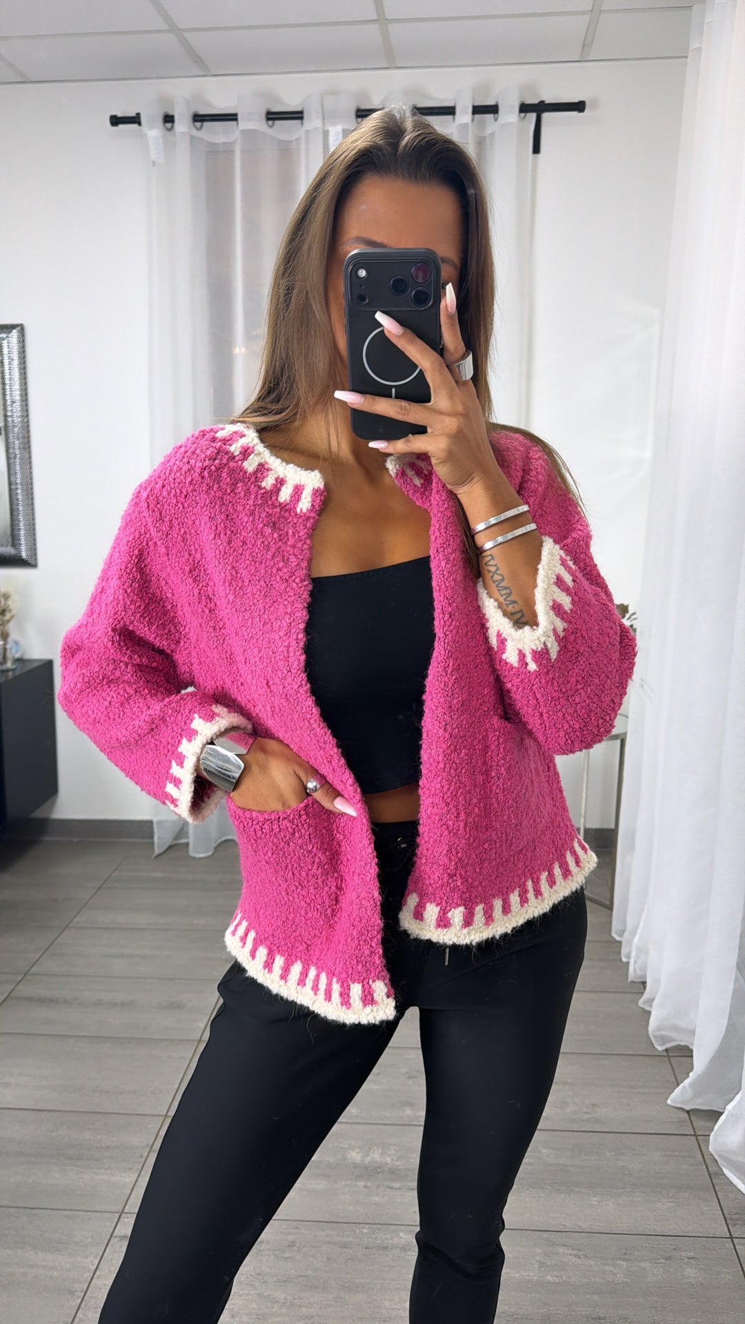 Strick Cardigan in Bouclé-Optik mit Akzenten / pink - creme Art.16311