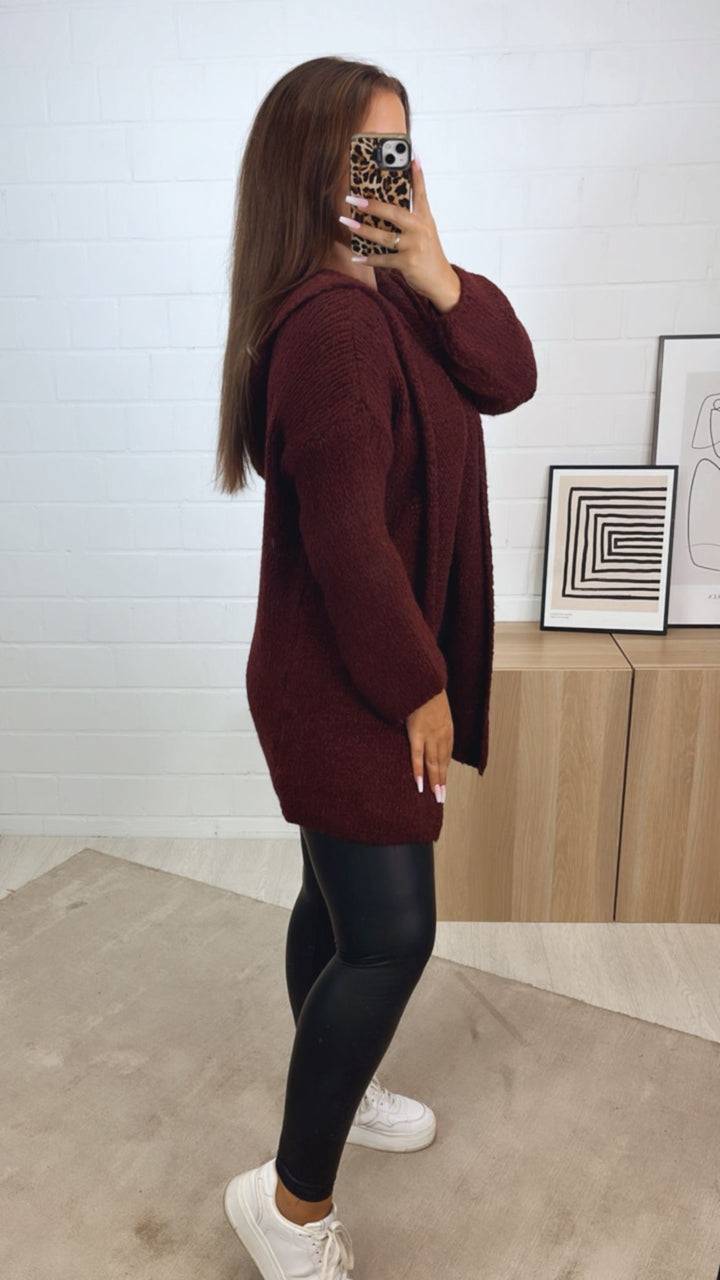 weicher Cardigan mit Kapuze, Taschen / bordeaux - rot Art. 122331