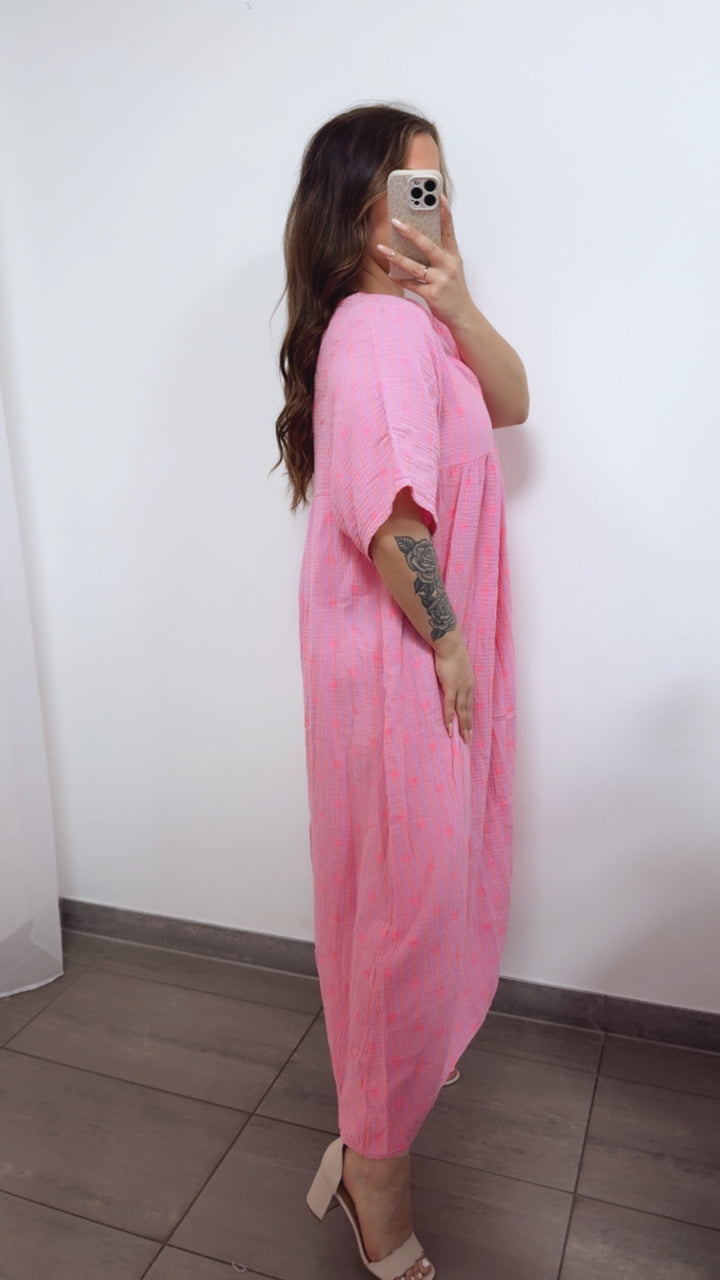 SCHLEIFEN - STREIFEN langes Musselin Kleid, kurze Ärmel / rosa - Neon pink - orange Art. 14691