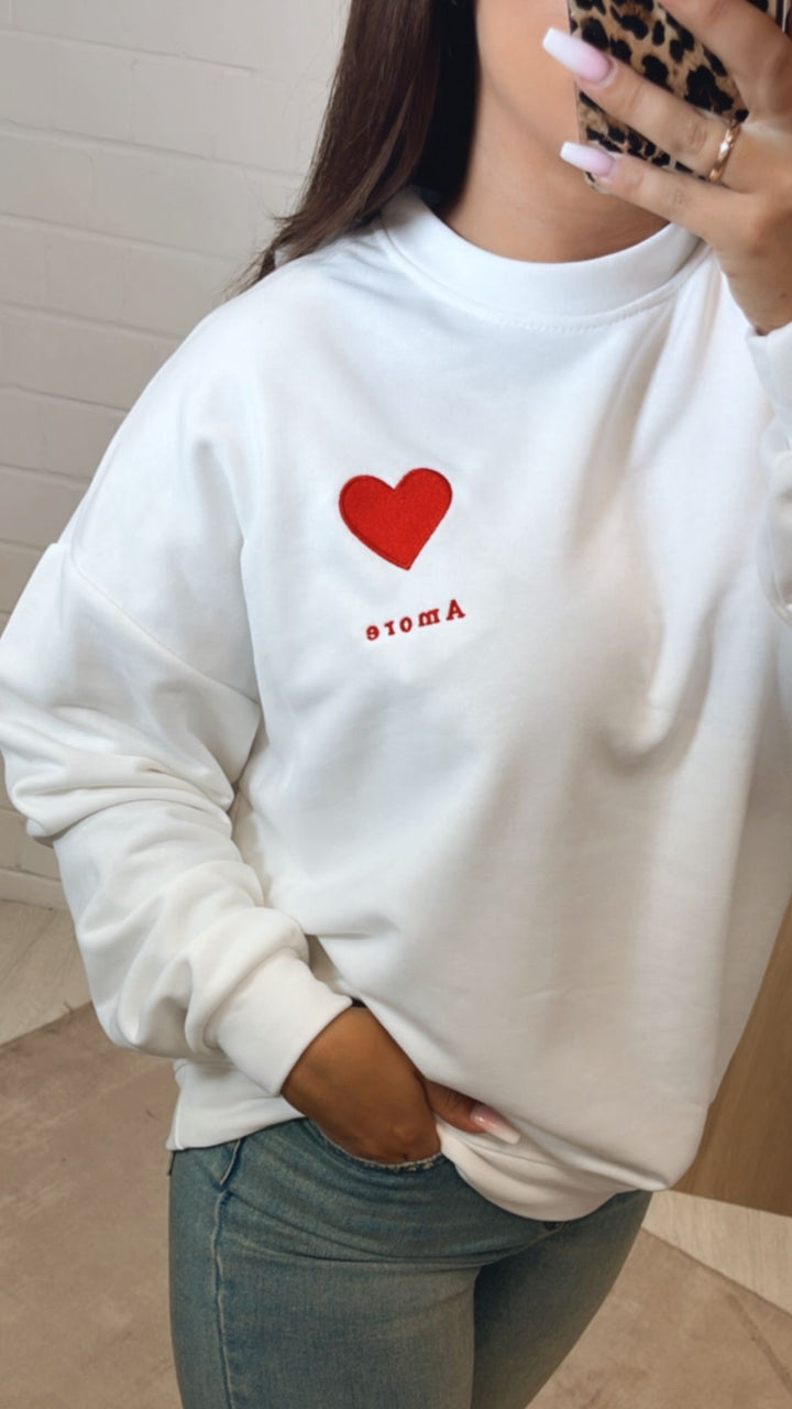 oversize Pullover " Amore " / weiß - rot Art. 12285