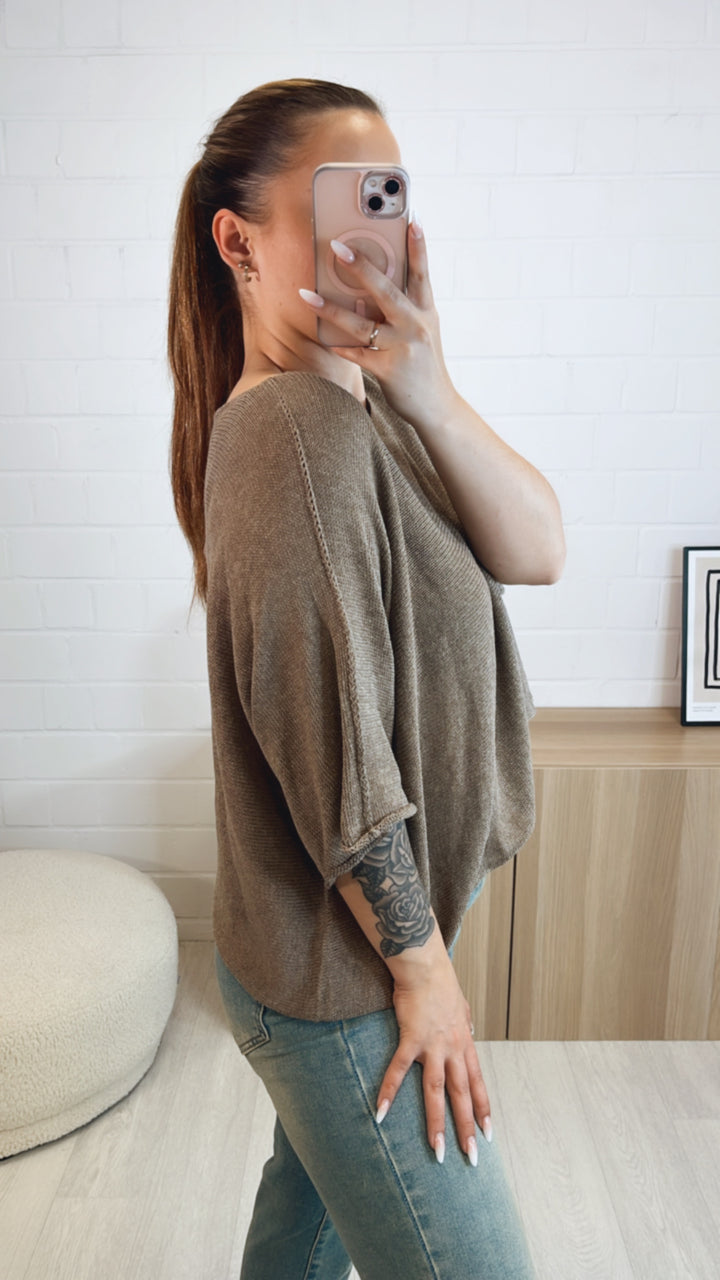weites Strick T-Shirt Oberteil / dunkel taupe Art. 9756