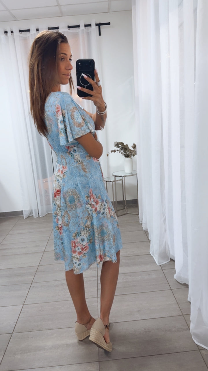 KURZES Leicht tailliertes Kleid mit T-Shirt Ärmeln VINTAGE FLOWER / blau - beige - rosa - grün Art.15056