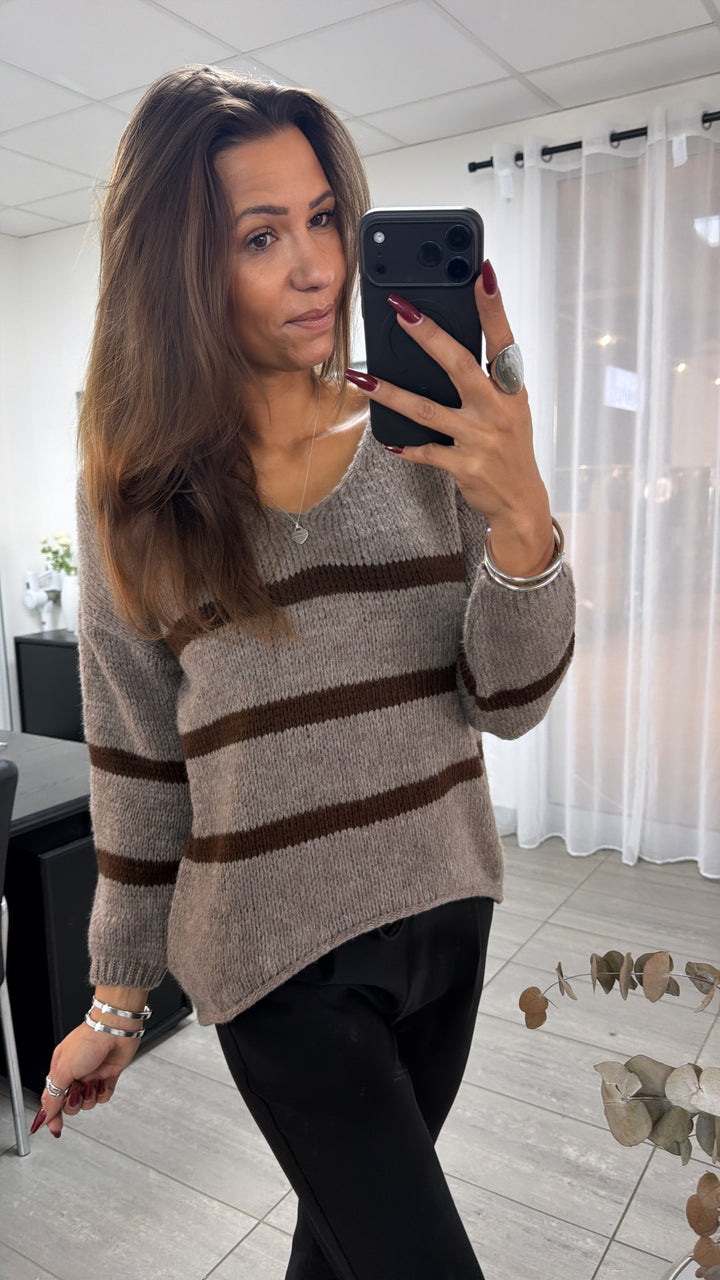 SCHMALE STREIFEN Strick Pullover, Vokuhila und V-Ausschnitt / taupe - braun Art. 16663