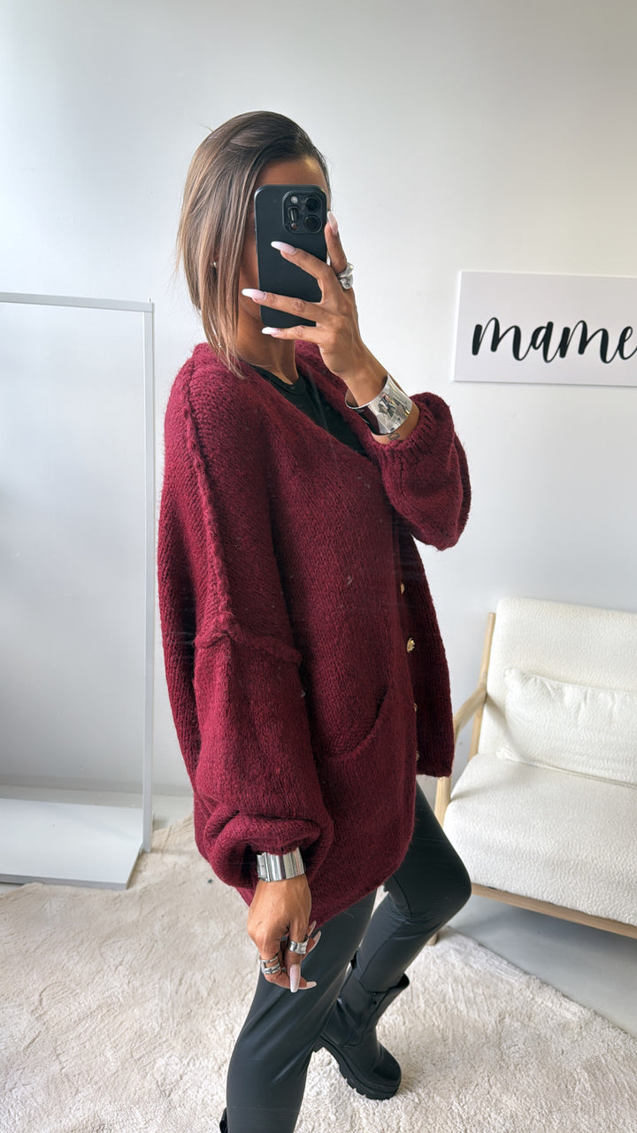 V-AUSSCHNITT Kuschel Cardigan mit goldenen Knöpfen und Taschen / bordeaux rot Art.122322
