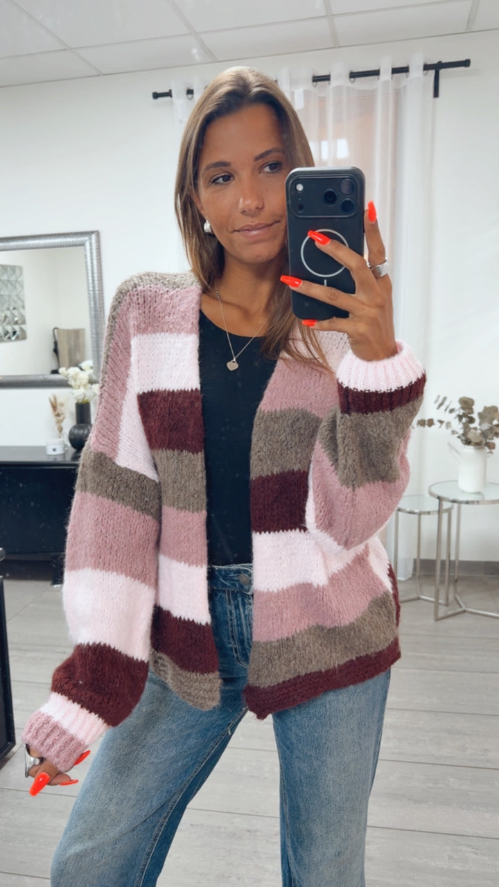Offener Pastell Streifen Cardigan / braun meliert - Beere - rosa - Bordeaux rot Art. 16152