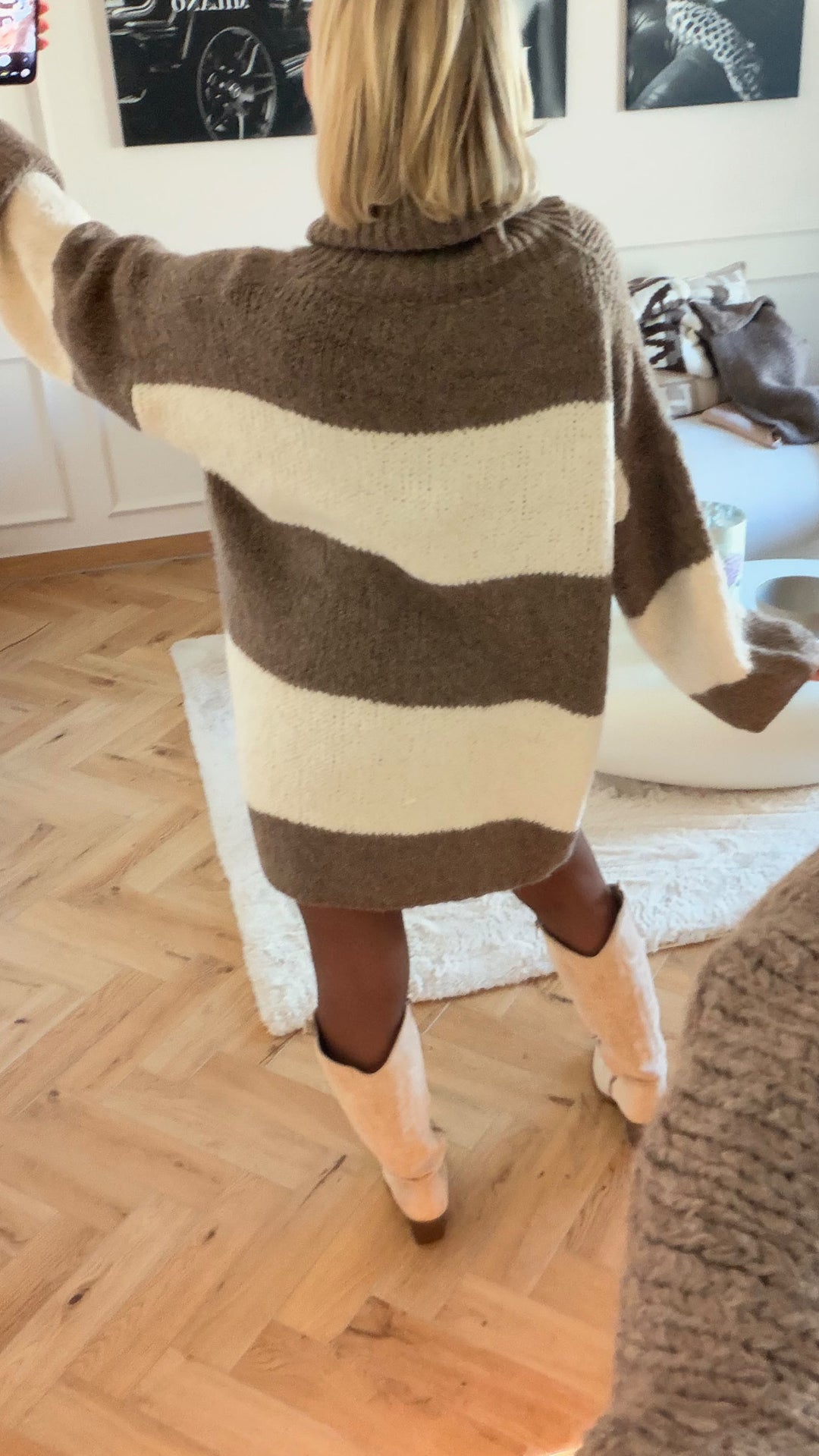 ROLLKRAGEN Long Pullover/ Kleid  mit Streifen / braun meliert - creme Art. 12965