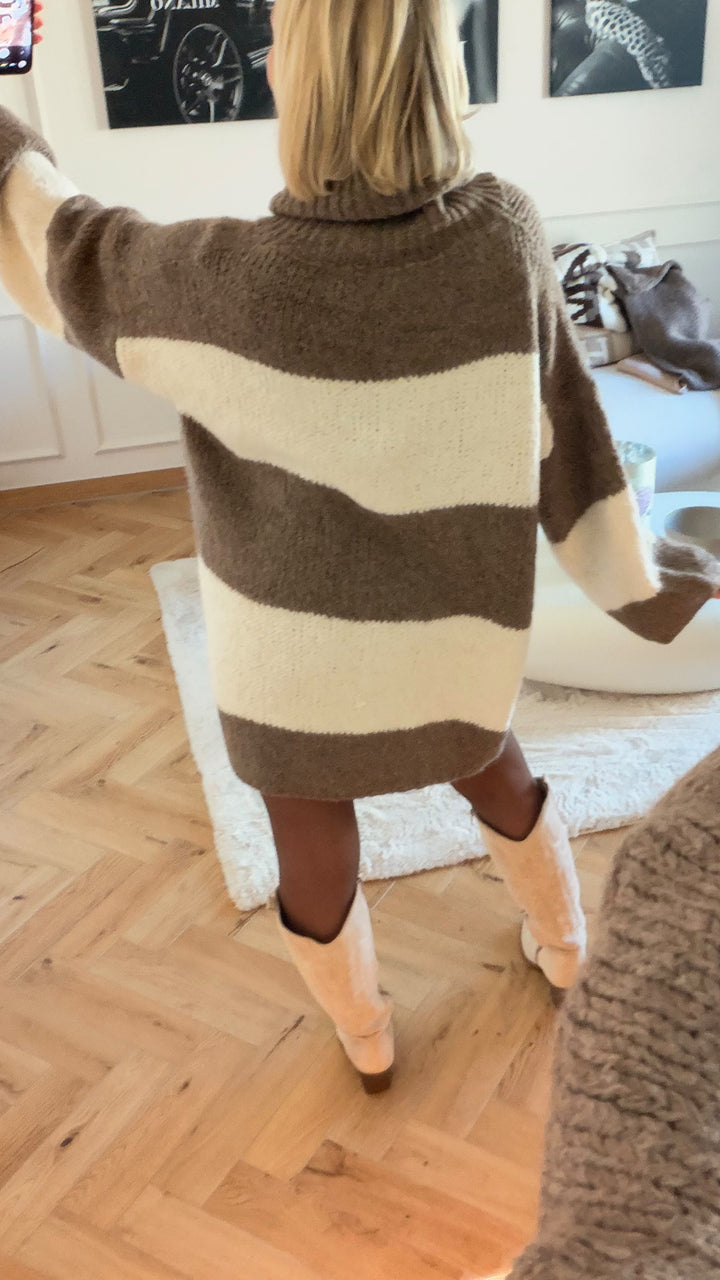 ROLLKRAGEN Long Pullover/ Kleid  mit Streifen / braun meliert - creme Art. 12965