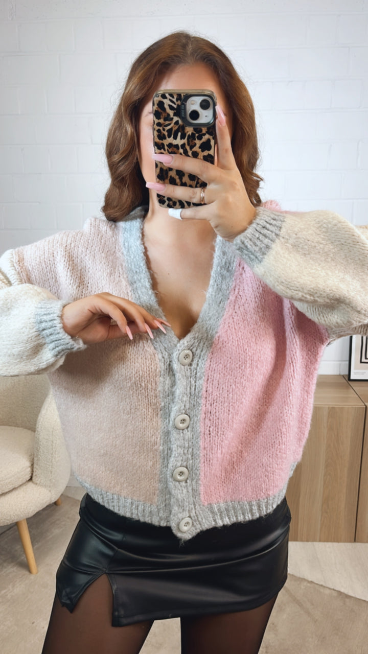 dreifarbiger Cardigan / hell grau - rosa - creme Art. 12611