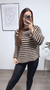 ausgefallener Strick Pullover mit Streifen / schoko braun - beige Art. 13298