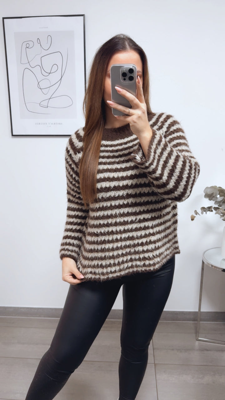 ausgefallener Strick Pullover mit Streifen / schoko braun - beige Art. 13298